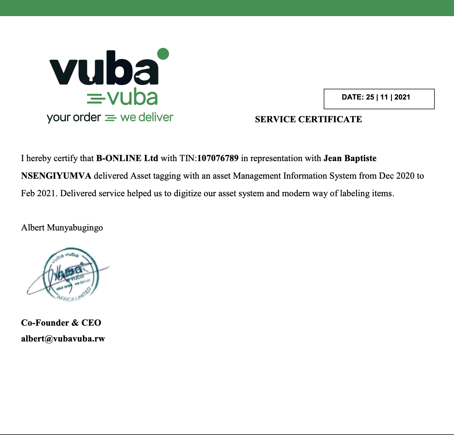 Service Certificate — Umubyeyi Initiative